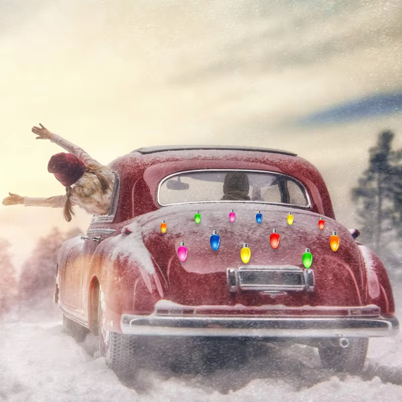 BulbMagnet Glühbirnen-Magnete am Heck eines Oldtimer-Autos im Schnee
