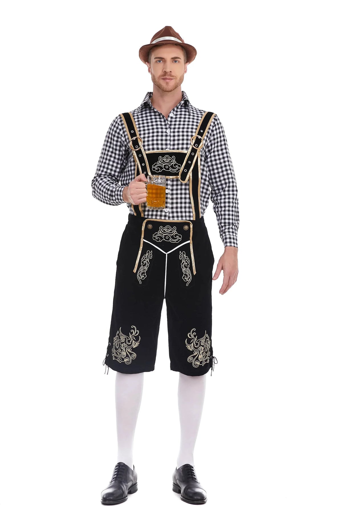 Oktoberfest Kostüm Herren Komplett, Lederhose mit Hosenträger und Hut