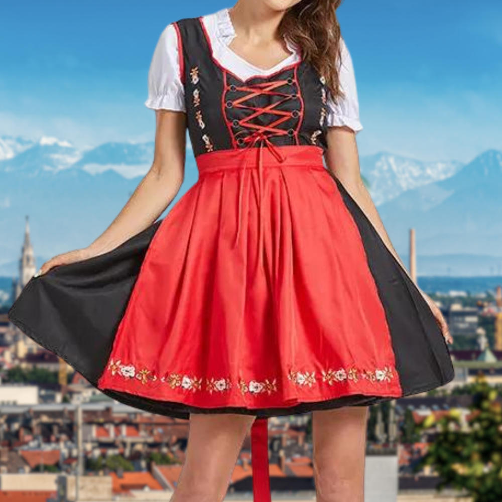Dirndl Damen Oktoberfest Rot, Dirndlkleid Traditionell mit Schürze