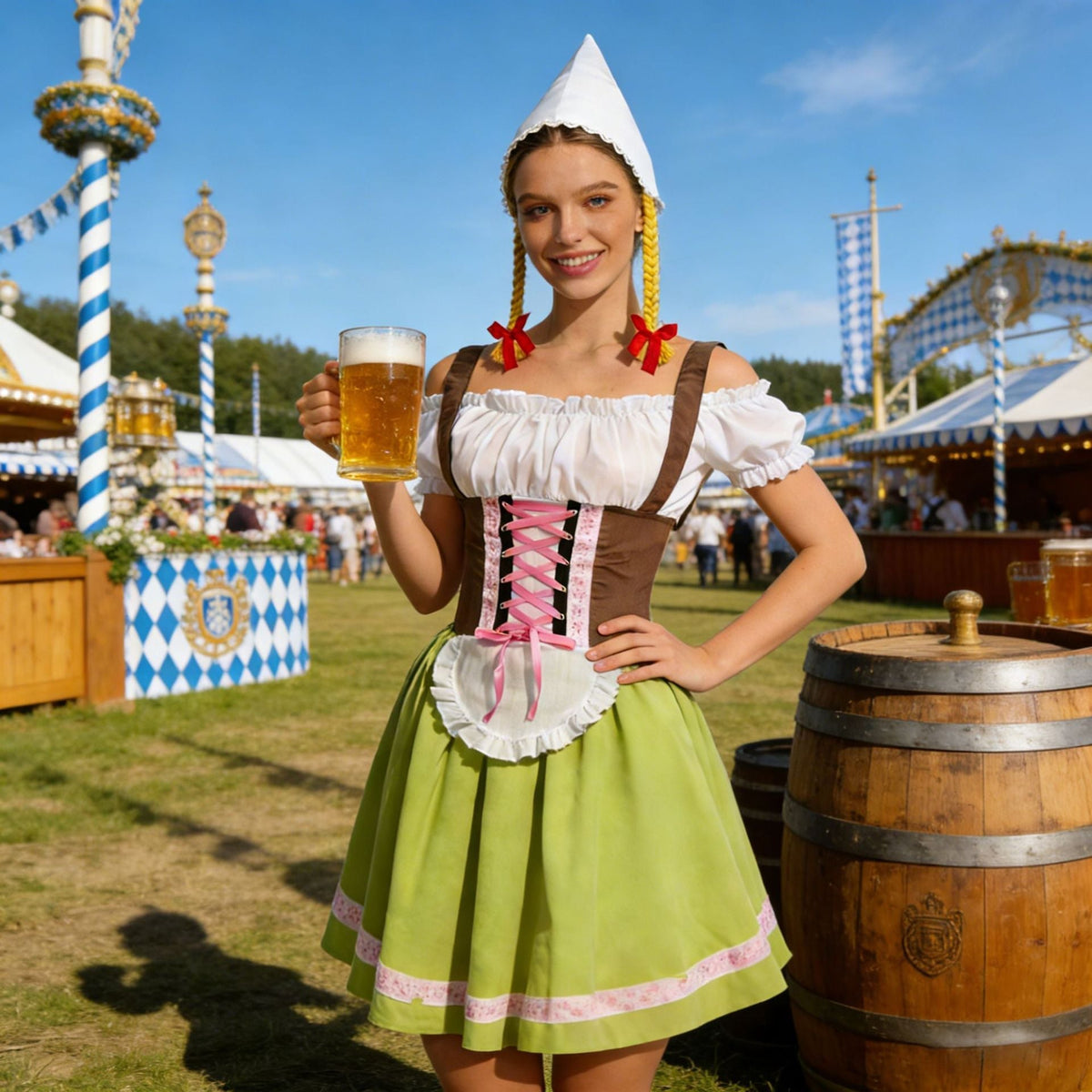 Dirndl Damen Oktoberfest Set, Dirndlkleid mit Schürze und Zipfelmütze