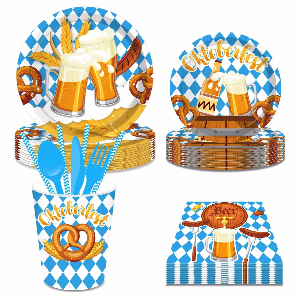 Oktoberfest Einweggeschirr-Set 76-teilig, Bayerisches Rautenmuster