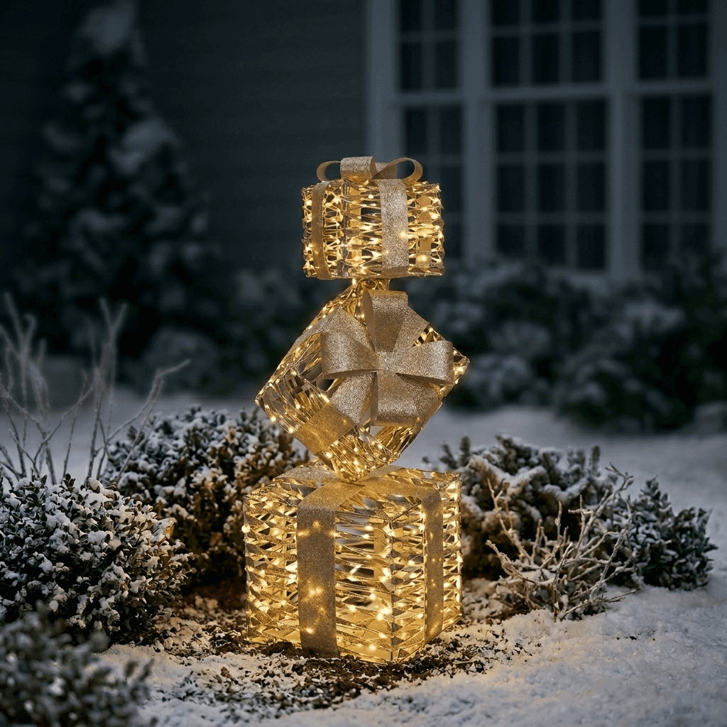 Deko-Geschenketurm mit LED – Gold Indoor/Outdoor 73 cm