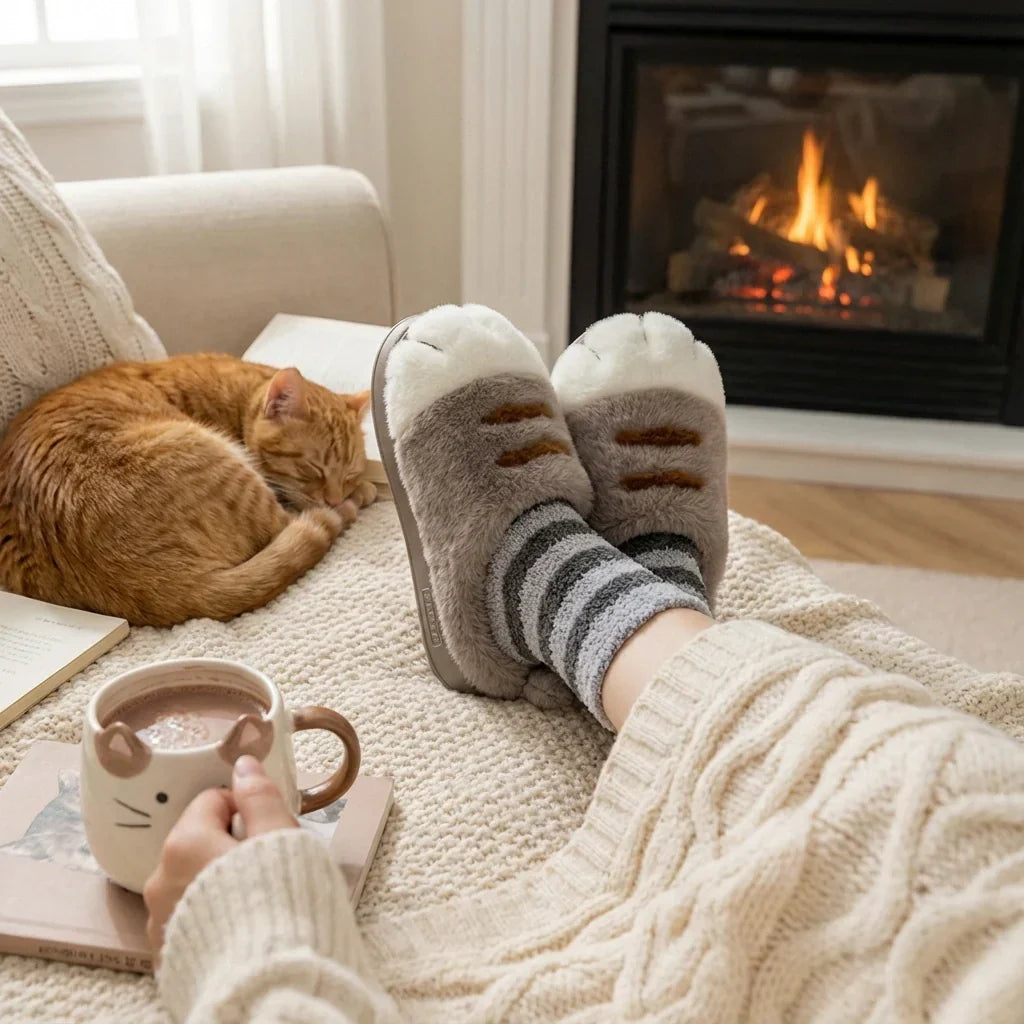 Happy PawSlippers am Kaminfeuer entspannen