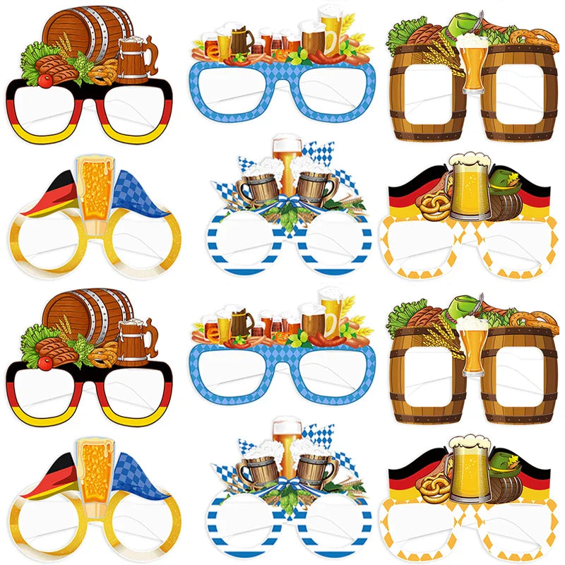 Oktoberfest Fotobrillen 12er-Set Papier, Partyaccessoire Bierkrug Brezel