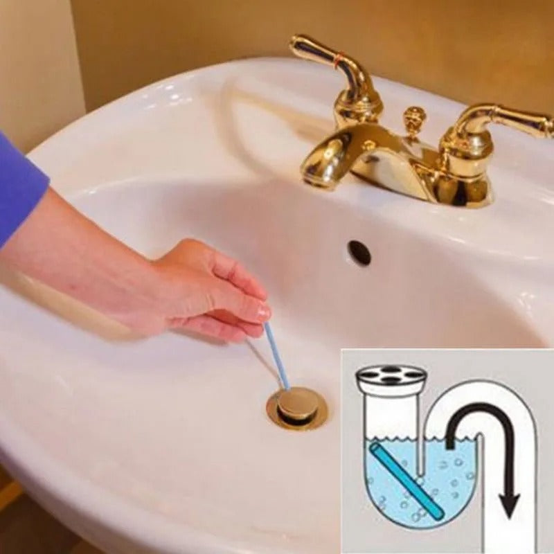 DrainCleaner Reinigungsstäbchen wird in ein Badezimmer-Waschbecken eingeführt, mit Anwendungsdiagramm