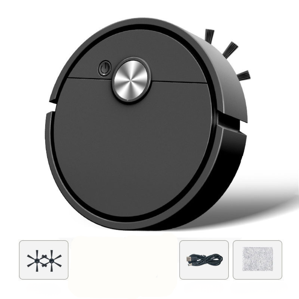 3-in-1 Saugroboter in Schwarz mit Seitenbürste, USB-Kabel und Wischtuch