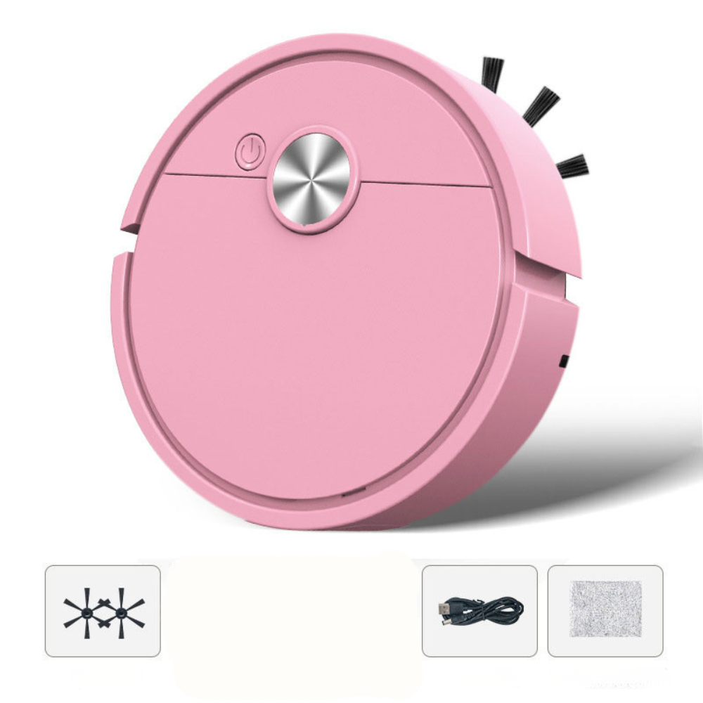 3-in-1 Saugroboter in Rosa mit Seitenbürste, USB-Kabel und Wischtuch