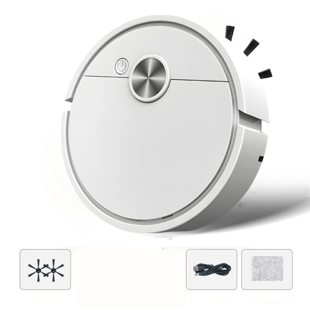 3-in-1 Saugroboter in Weiß mit Seitenbürste, USB-Kabel und Wischtuch