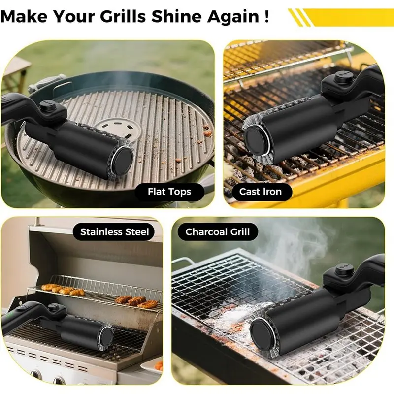 PowerBrush im Einsatz auf Flachgrillplatte, Gusseisen, Edelstahlrost und Kohlegrill