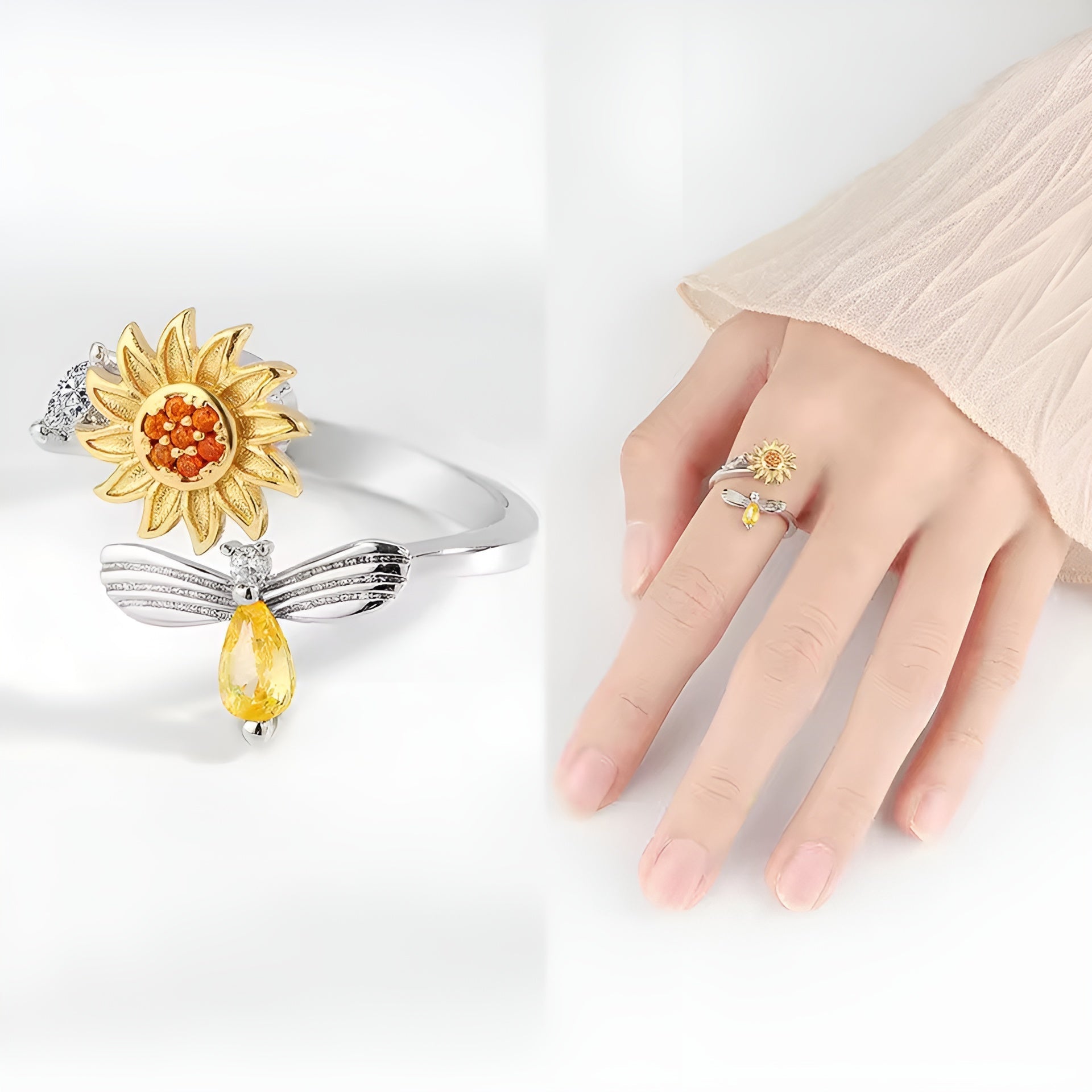 SunflowerRing getragen, zarte Handaufnahme