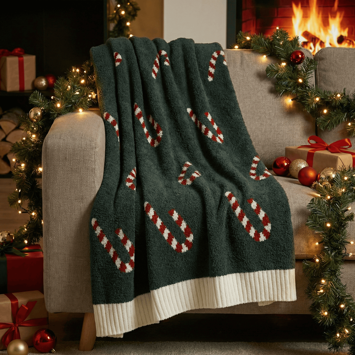 Kuscheldecke "Zuckerstange" – Grün/Rot/Weiß 170x130 cm