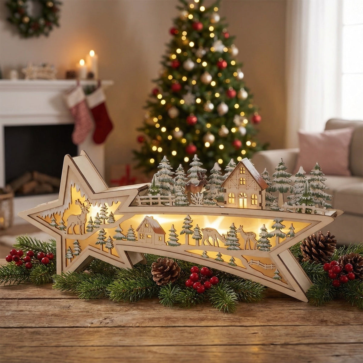LED-Leuchtstern "Winterlandschaft" Holz-Mix – 43,5 cm