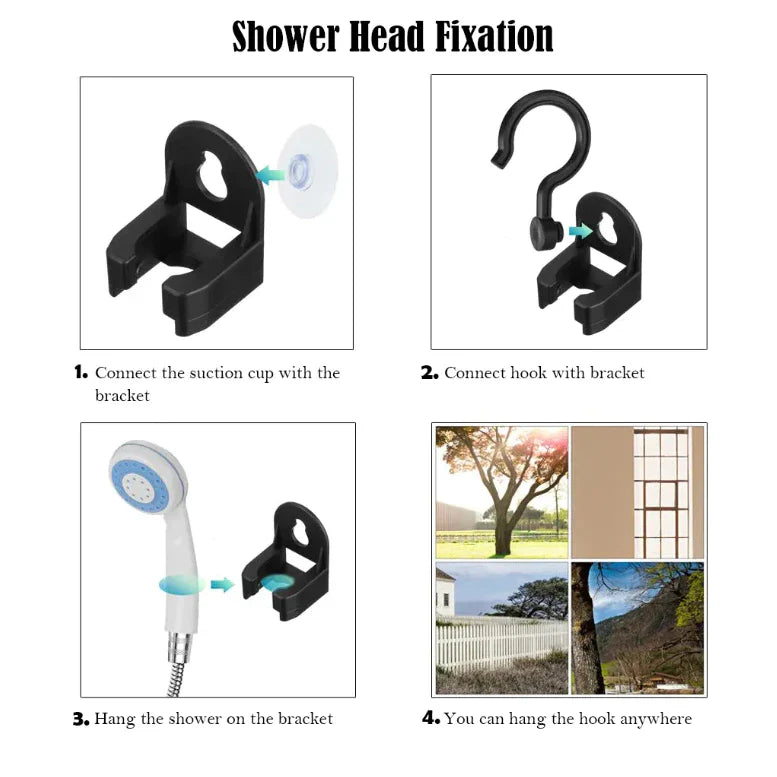 Montageanleitung der PortableShower-Halterung mit Saugnapf und Haken