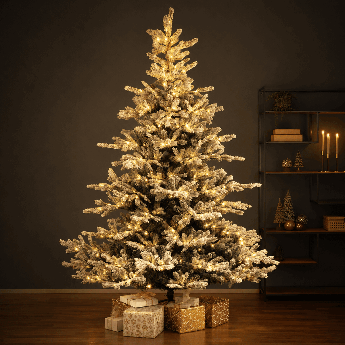 Premium Tanne "Grandis Fir" verschneit mit warmweißer Beleuchtung – 240 cm
